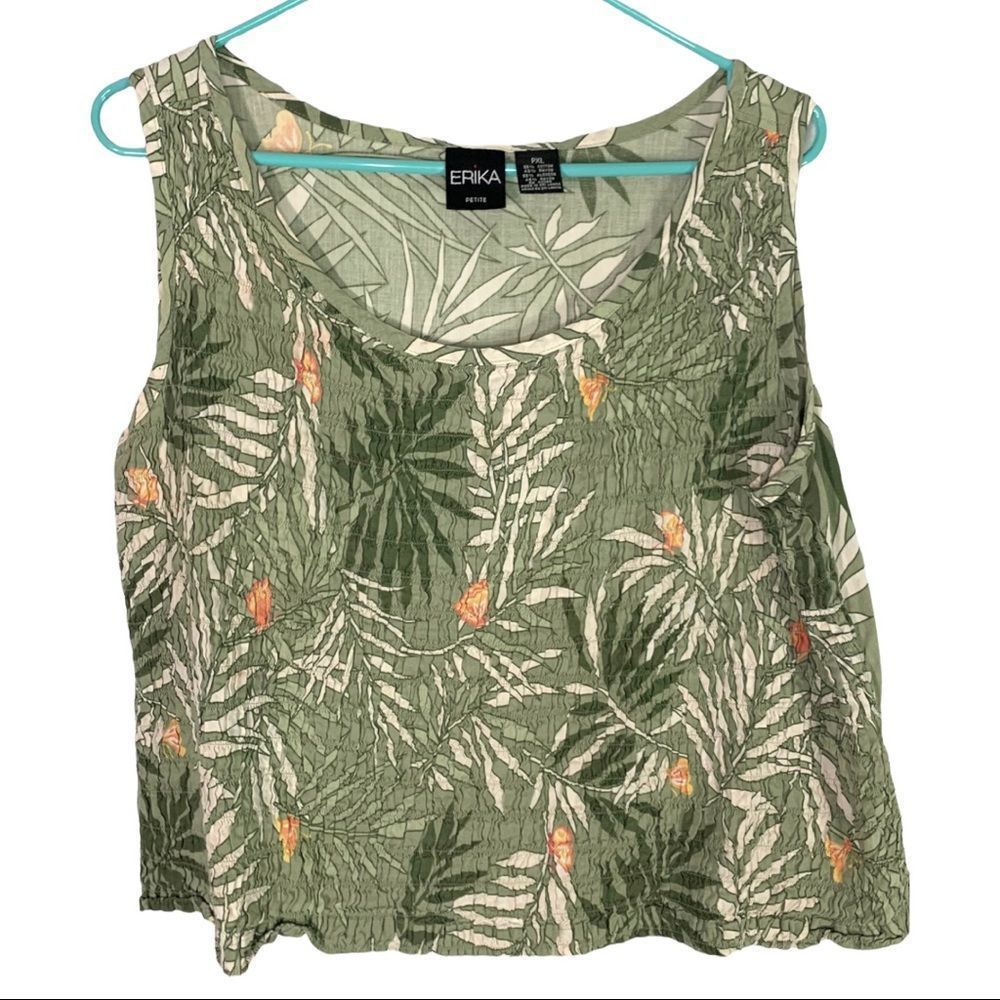 Erika Women's Petite XL Green Palm Leaf Butterfly Print Tank Top Smocked Detail